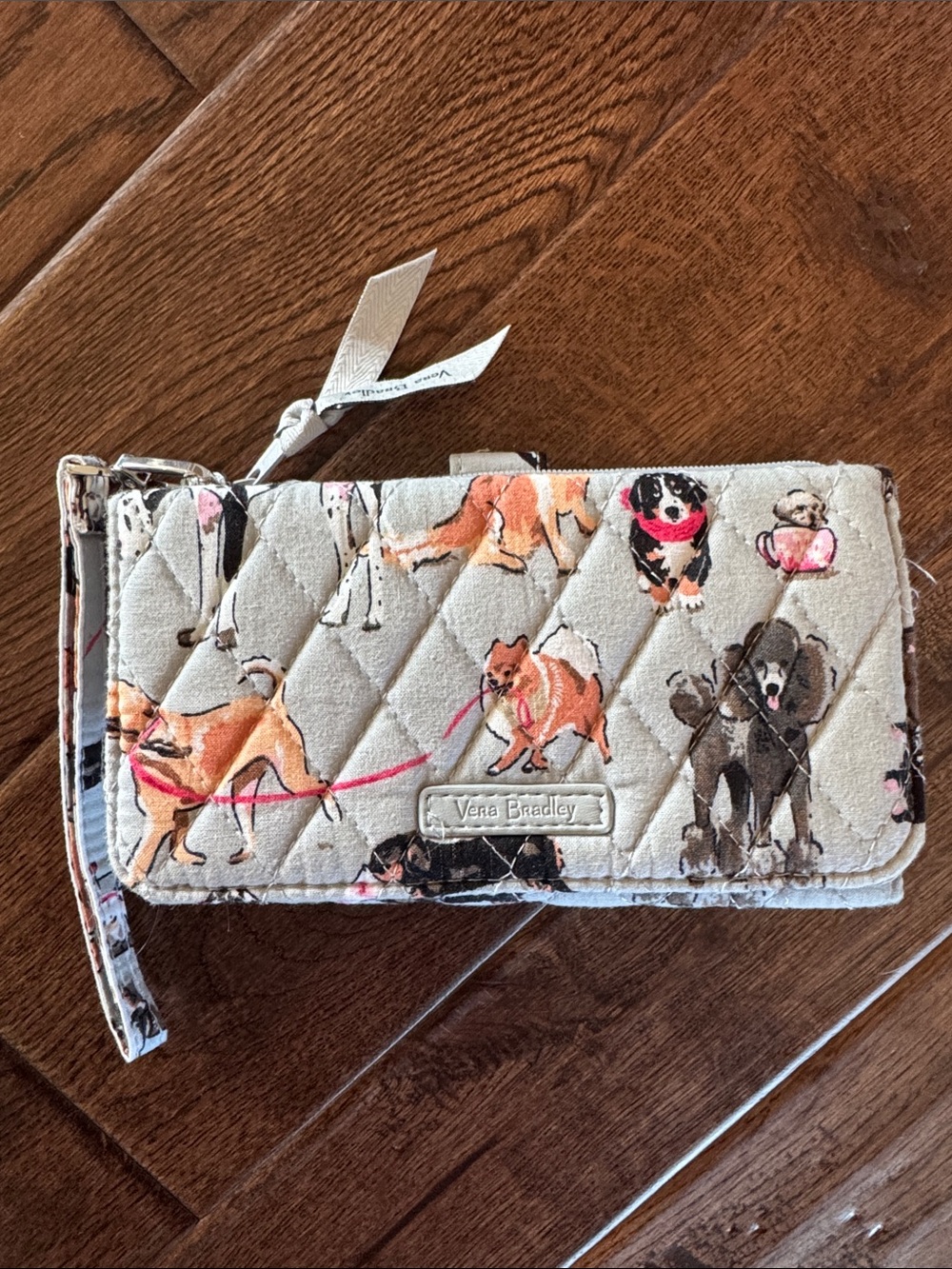 Vera Bradley Quilted Dog Print Wallet - Beige with Pink and Black Accents